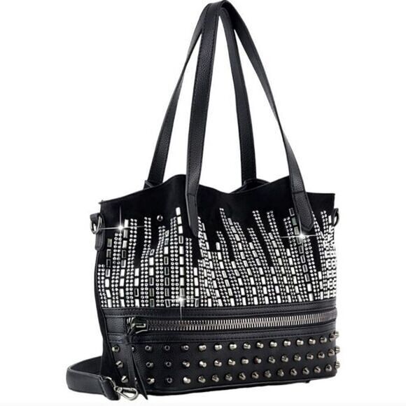 12. Rhinestone Bling Studded Black Vegan Leather and Suede Hobo Handbag Purse - Picture 1 of 5